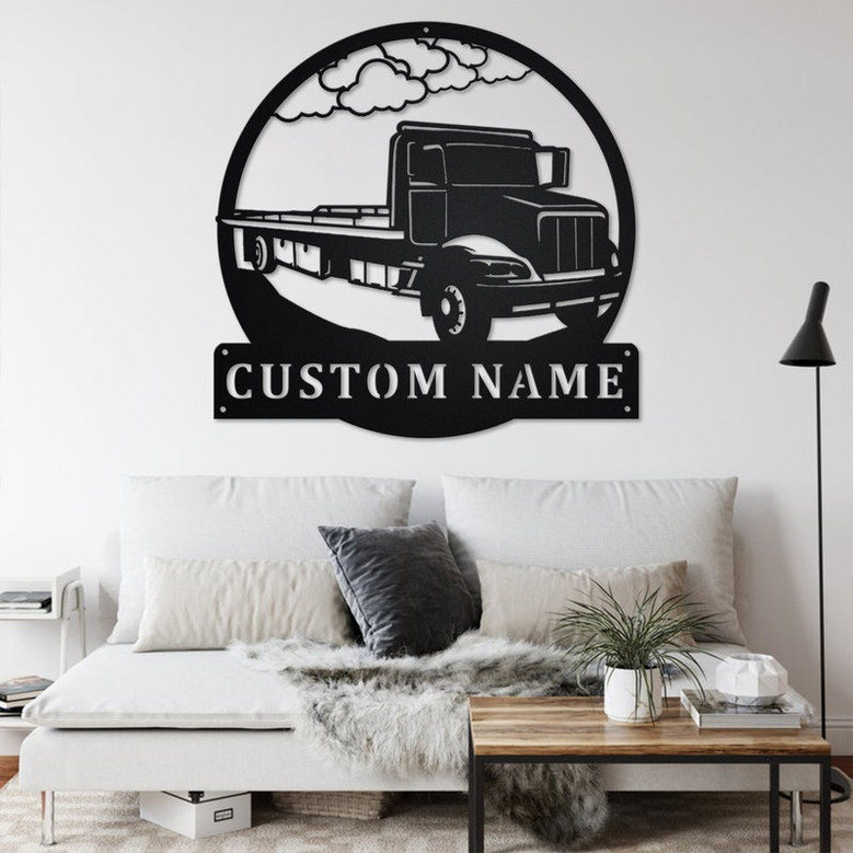Custom Flat Bed Tow Truck Metal Wall Art, Personalized Truck Driver Name Sign Decoration For Room, Bed Semi Truck Home Decor, Custom Truck