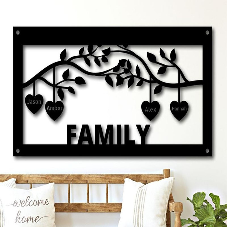 Family Tree Sign with Hanging Hearts ~ Personalized Gift ~ Family Tree ~ Hanging Hearts Sign ~ Metal Family Name Sign ~ House Warming Gift