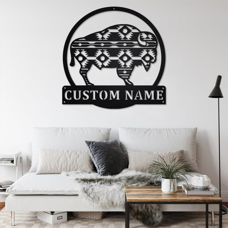 Custom Aztec Buffalo Metal Wall Art, Personalized Aztec Buffalo Name Sign Decoration For Room, Aztec Buffalo Home Decor,Custom Aztec Buffalo