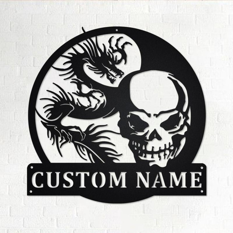 Custom Skull And Dragon Metal Wall Art, Personalized Skull And Dragon Name Sign Decoration For Room, Skull And Dragon Home Decor