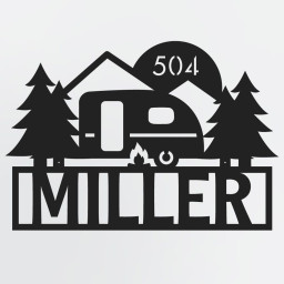 Camping Metal Sign With Trailer, Campfire, Custom Name, Optional Lot Number