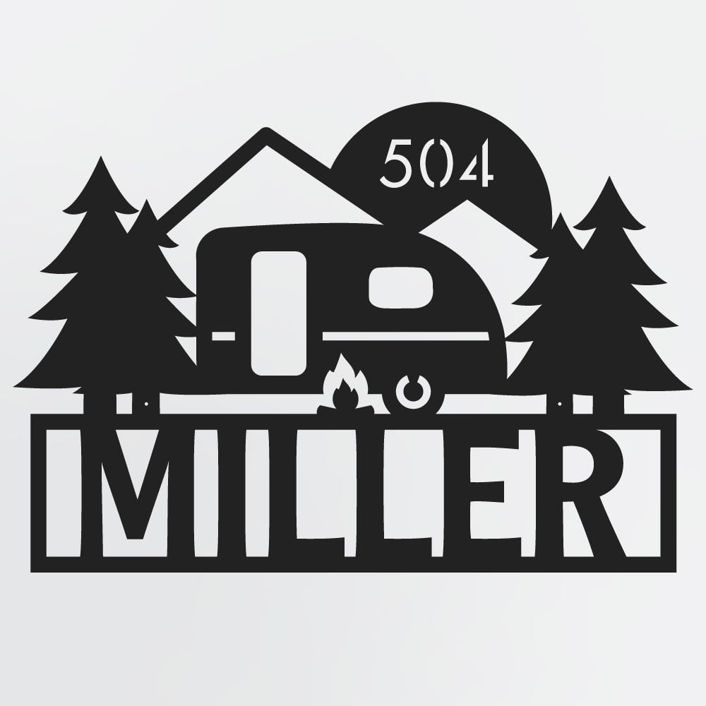 Camping Metal Sign With Trailer, Campfire, Custom Name, Optional Lot Number