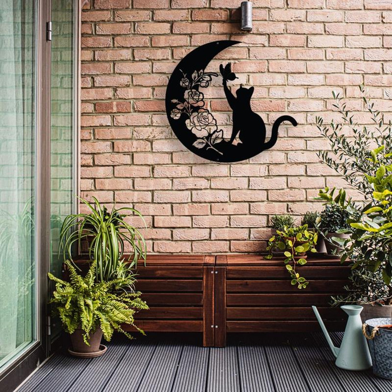 Cat and Moon Metal Wall Art, Cat Lover Gift, Animal Decor, Housewarming Gift, Moon Cat Metal Sign