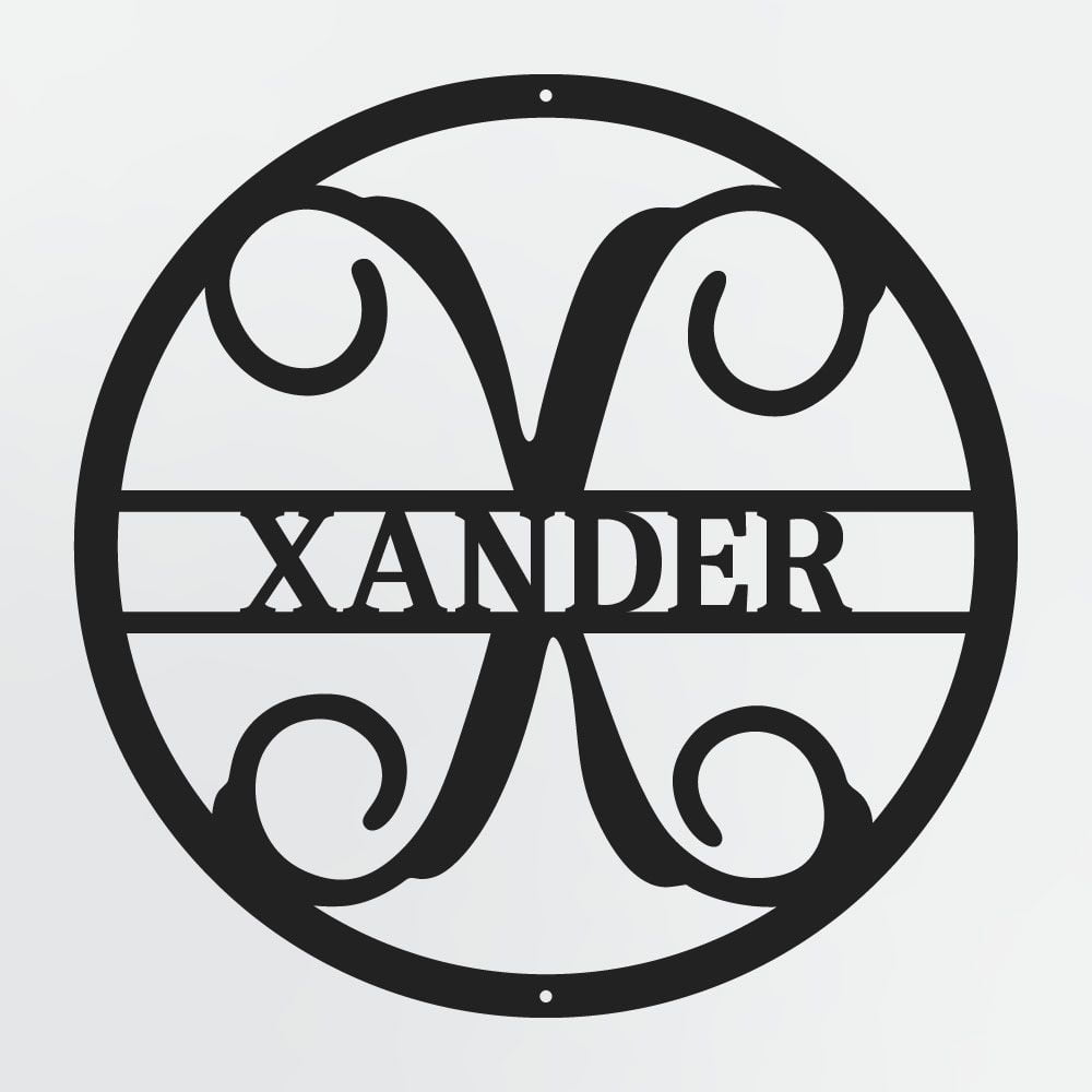 Curly Script Split Letter Monogram In Circle, Personalized Metal Family Name Sign