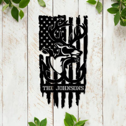 Personalized Deer Duck Fish With US Flag Metal Sign, Custom Hunting Metal Wall Art For Decor, Father's Day Gift, Dad Gift Hunter Gift