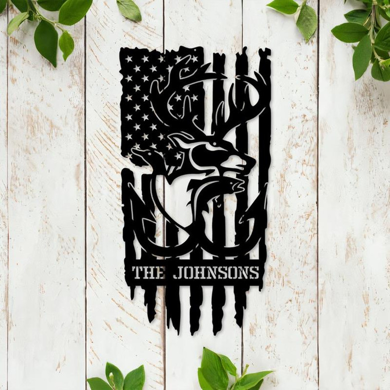 Personalized Deer Duck Fish With US Flag Metal Sign, Custom Hunting Metal Wall Art For Decor, Father's Day Gift, Dad Gift Hunter Gift