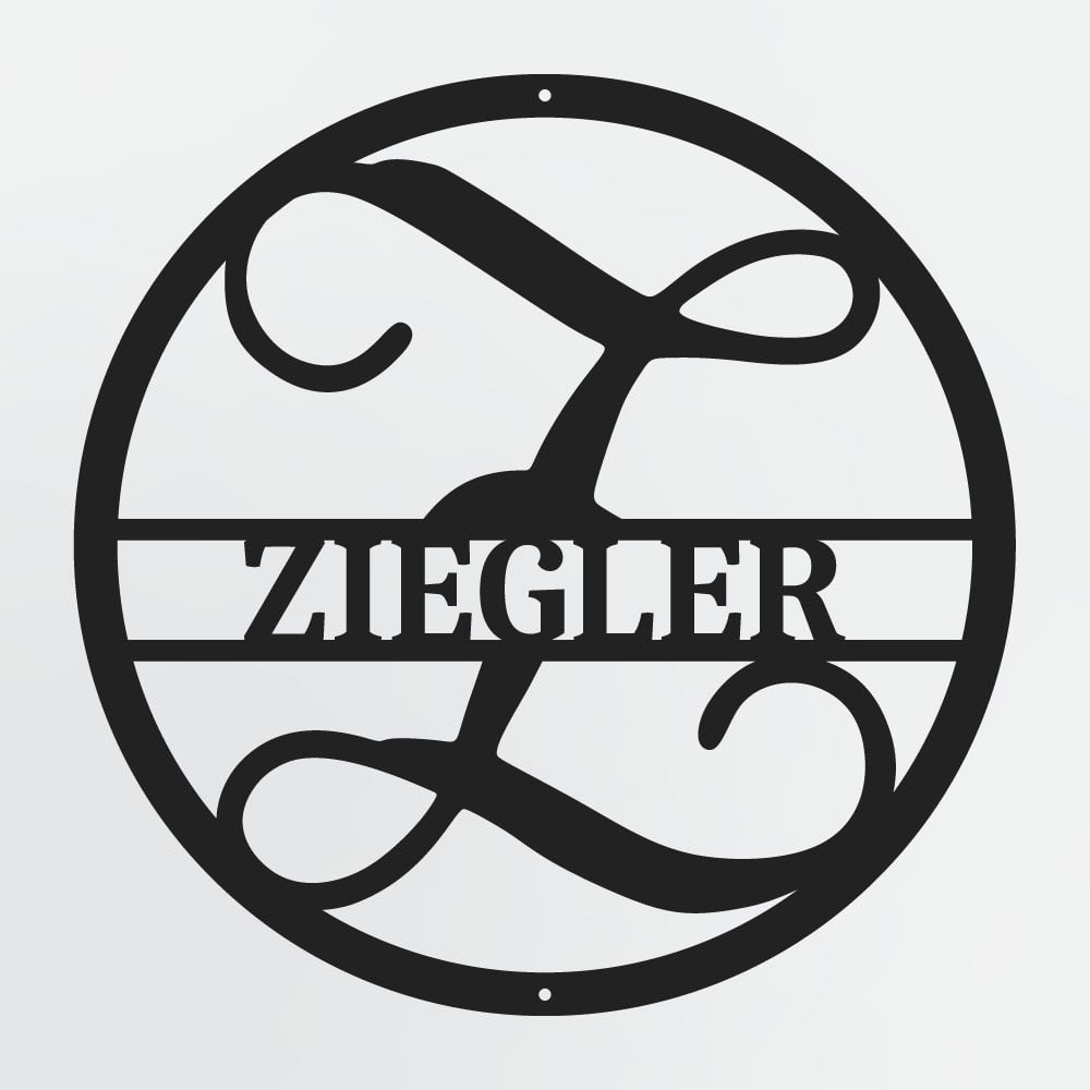 Curly Script Split Letter Monogram In Circle, Personalized Metal Family Name Sign