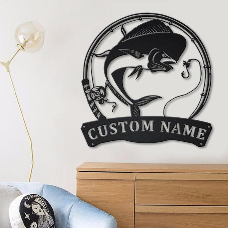 Personalized Mahi-Mahi Fishing Fish Pole Metal Sign Art | Custom Mahi-Mahi Fishing Metal Sign | Fishing Gifts Funny | Mahi-Mahi Fishing Gift