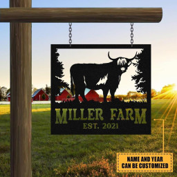 Personalized Metal Farm Sign Highland Cattle Cow Monogram Custom Outdoor Farmhouse Ranch Front Gate Wall Decor Art Gift