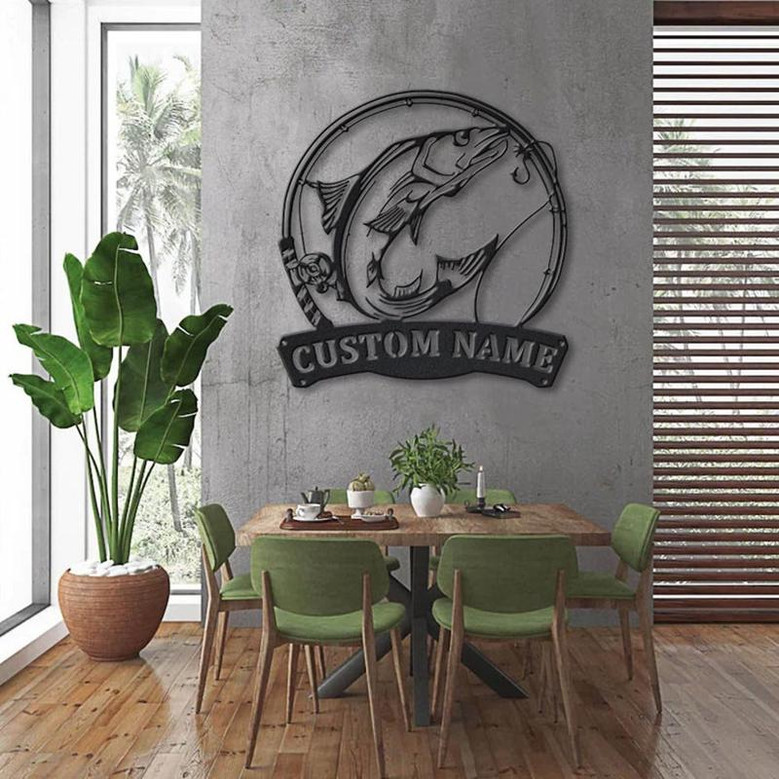 Personalized Norwegian Salmon Fishing Fish Pole Metal Sign Art | Custom Salmon Fishing Monogram Metal Sign | Fishing Gifts | Hobbie Gift