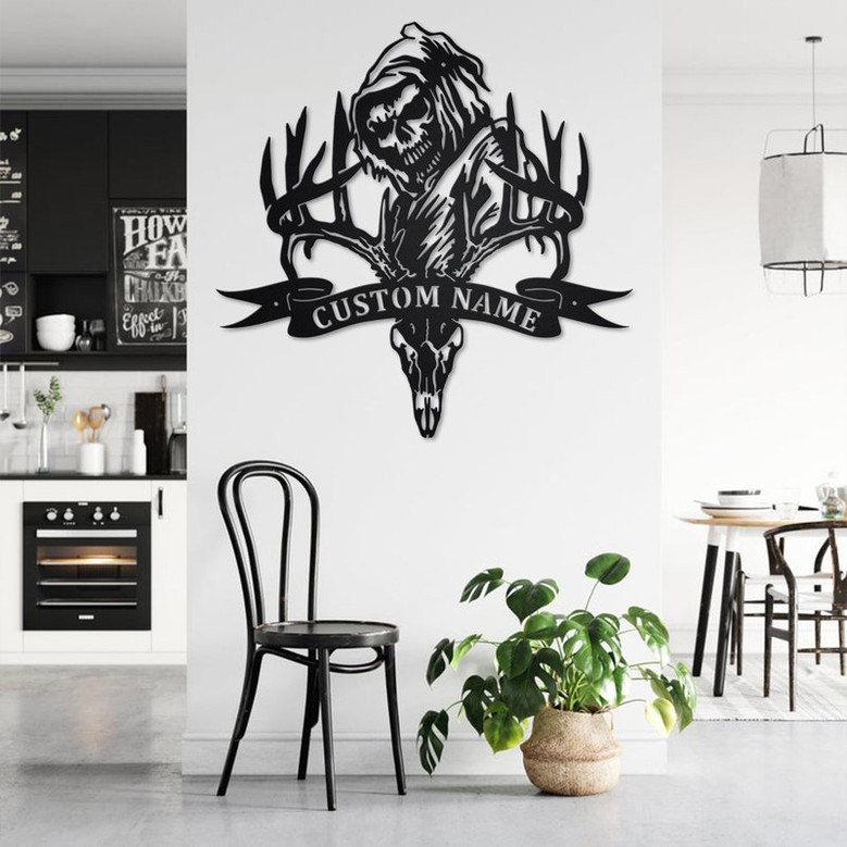 Custom Deer Skull Bone Hunting Grim Reaper Metal Wall Art, Personalized Deer Hunting Name Sign Decoration For Room, Deer Hunting Home Decor