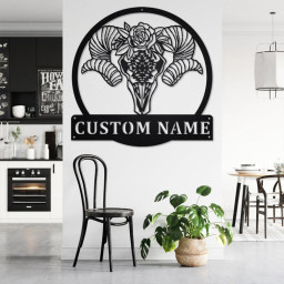 Custom Ram Skull Flower Metal Wall Art, Personalized Ram Skull Name Sign Decoration For Room, Ram Skull Home Decor, Custom Ram Skull