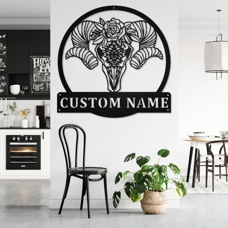 Custom Ram Skull Flower Metal Wall Art, Personalized Ram Skull Name Sign Decoration For Room, Ram Skull Home Decor, Custom Ram Skull