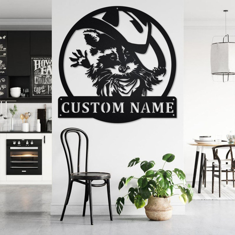 Custom Raccoon With Cowboy Hat Metal Wall Art, Personalized Raccoon Name Sign Decoration For Room, Raccoon Metal Home Decor, Custom Raccoon