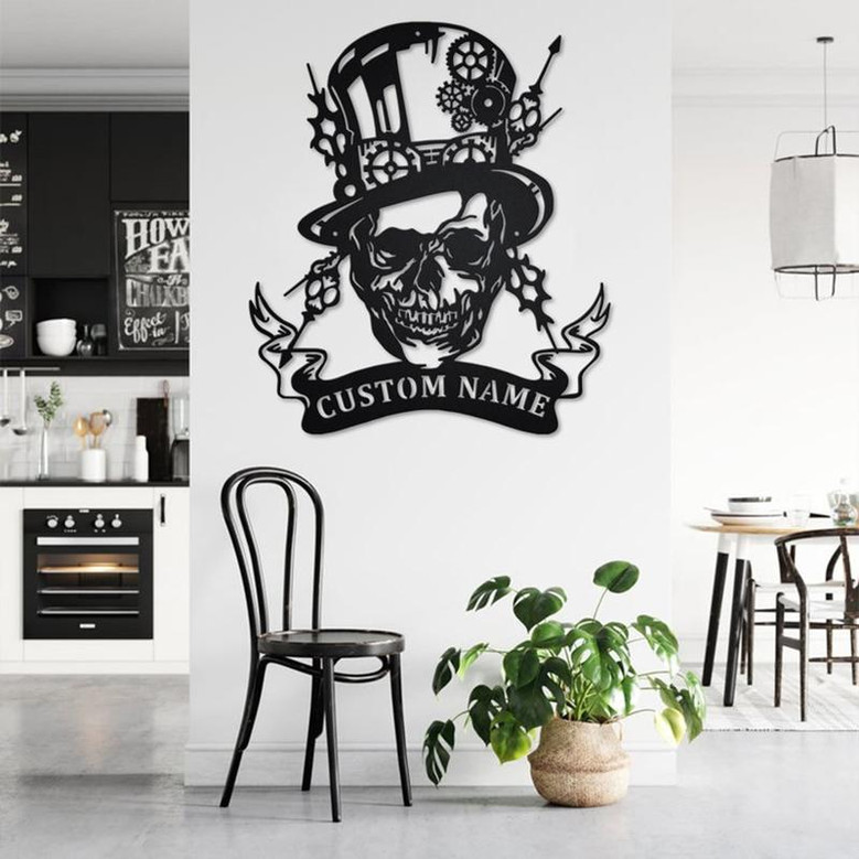 Custom Steampunk Skull Metal Wall Art, Personalized Steampunk Skull Name Sign Decoration For Room, Steampunk Skull Metal Home Decor, Skull