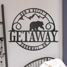 Bear With Mountains, Personalized Metal Wall Art With Family Name Or Custom Text