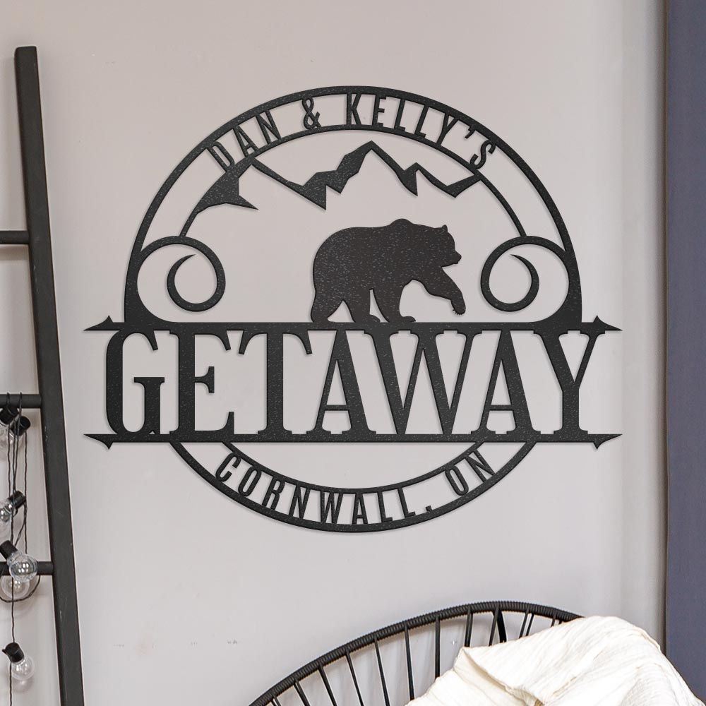 Bear With Mountains, Personalized Metal Wall Art With Family Name Or Custom Text
