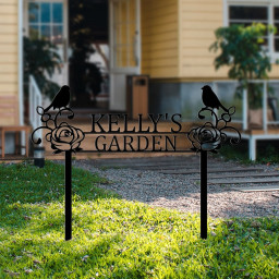 Custom Metal Garden Sign, Personalized Metal Garden Name Wall Art, Floral Garden Stake Sign, Metal Hummingbird and Flower Yard Lawn Decor