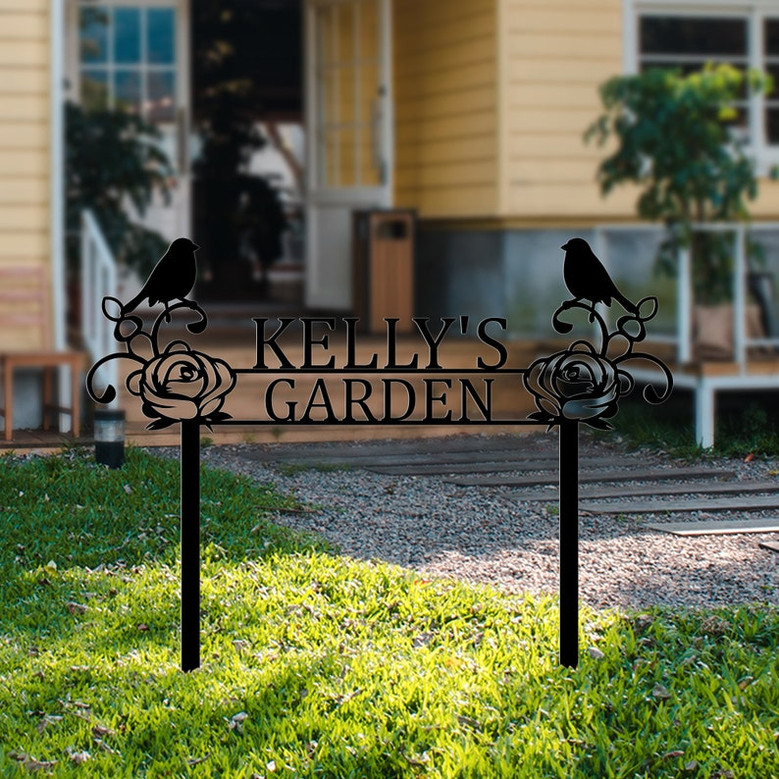 Custom Metal Garden Sign, Personalized Metal Garden Name Wall Art, Floral Garden Stake Sign, Metal Hummingbird and Flower Yard Lawn Decor