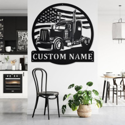 Custom US Flag Semi-Trailer Truck Metal Wall Art, Personalized Semi Truck Name Sign Decoration For Room, Semi Truck Home Decor,Custom Truck
