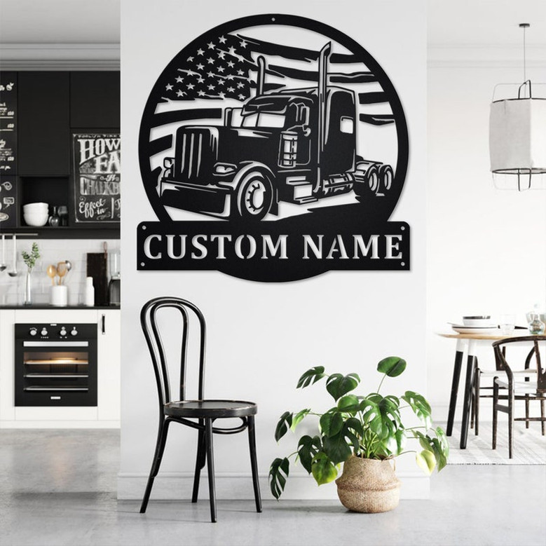 Custom US Flag Semi-Trailer Truck Metal Wall Art, Personalized Semi Truck Name Sign Decoration For Room, Semi Truck Home Decor,Custom Truck