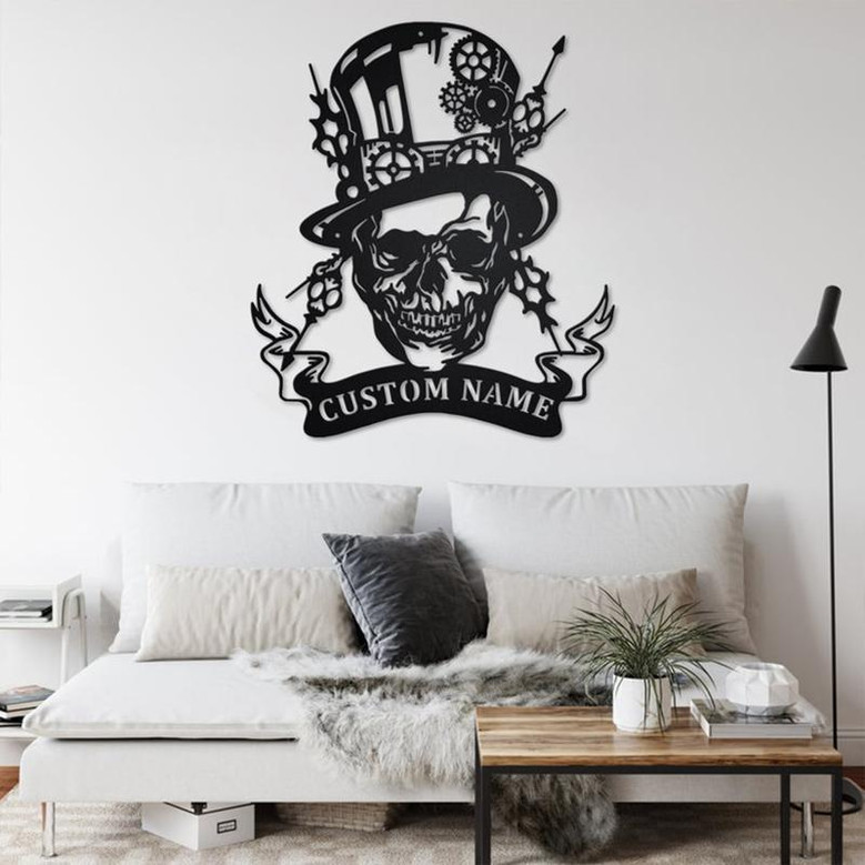 Custom Steampunk Skull Metal Wall Art, Personalized Steampunk Skull Name Sign Decoration For Room, Steampunk Skull Metal Home Decor, Skull