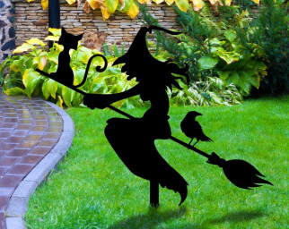 Witch with Broomstick Metal Garden Decor, Witch with Stakes Garden Sign, Halloween Sign