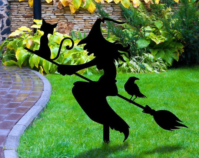 Witch with Broomstick Metal Garden Decor, Witch with Stakes Garden Sign, Halloween Sign