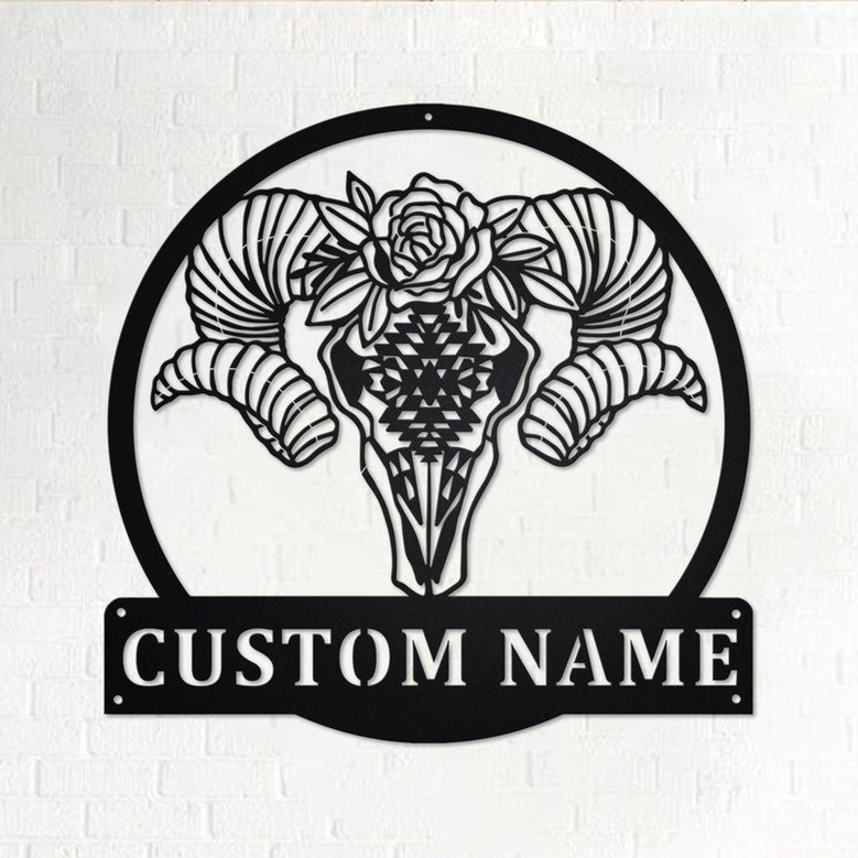 Custom Ram Skull Flower Metal Wall Art, Personalized Ram Skull Name Sign Decoration For Room, Ram Skull Home Decor, Custom Ram Skull