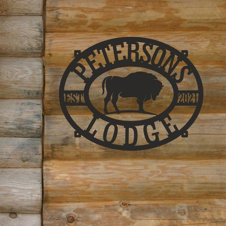 Personalized Large Metal Lodge Cabin Farmhouse Family Name Sign Custom Bison Metal Wall Art