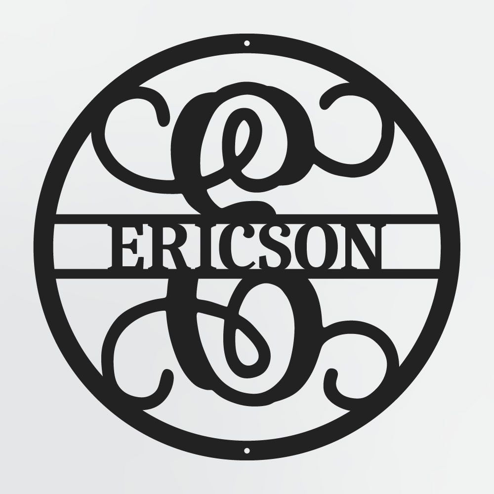 Curly Script Split Letter Monogram In Circle, Personalized Metal Family Name Sign