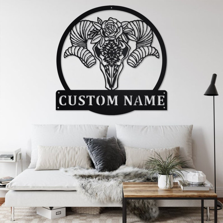 Custom Ram Skull Flower Metal Wall Art, Personalized Ram Skull Name Sign Decoration For Room, Ram Skull Home Decor, Custom Ram Skull