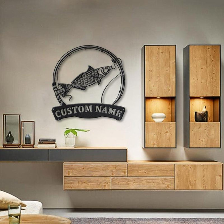Personalized Kahawai Fishing Fish Pole Monogram Metal Sign Art Kahawai Fishing Fish Metal Sign Fishing Lover Sign Decoration For Living Room