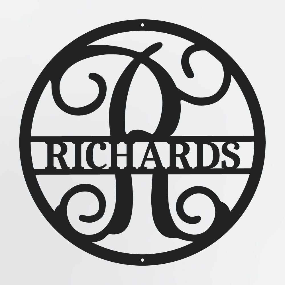 Curly Script Split Letter Monogram In Circle, Personalized Metal Family Name Sign