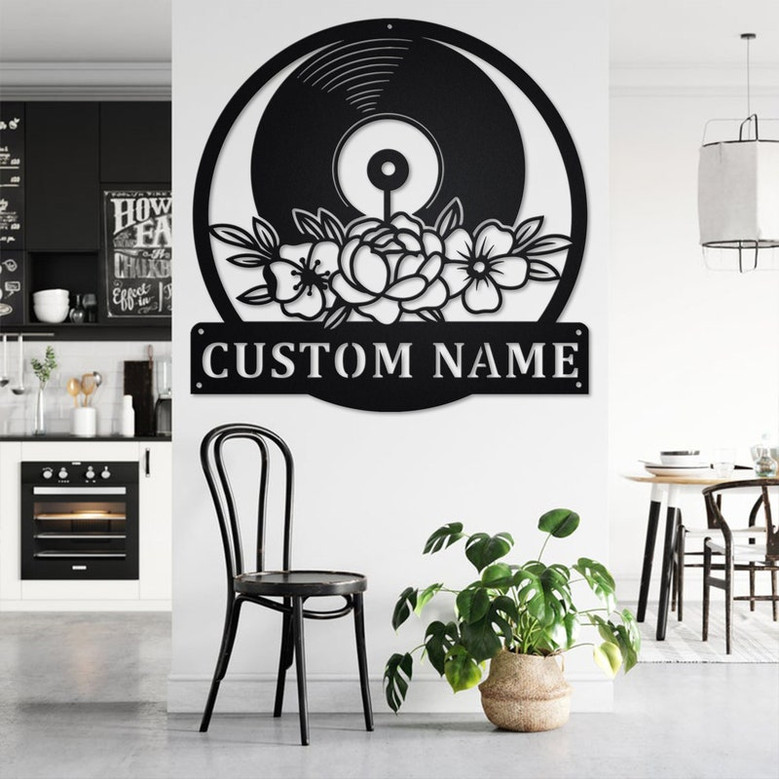 Custom Floral Music Turntable Record Metal Wall Art, Personalized Disc Jockey Name Sign Decoration For Room, DJ Metal Home Decor, Custom DJ