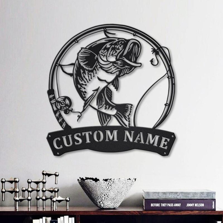 Personalized Largemouth Bass Fish Pole Monogram Metal Sign Art | Largemouth Bass Metal Sign | Fishing Lover Sign Decoration For Living Room