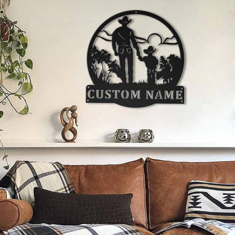 Personalized Cowboy And Son Monogram Metal Sign Art , Custom Cowboy And Son Metal Sign, Cowboy Lover Sign Decoration For Living Room