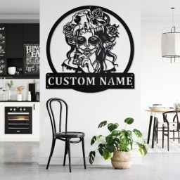 Custom Sugar Skull With Diamond Metal Wall Art, Personalized Sugar Skull Name Sign Decoration For Room, Sugar Skull Metal Home Decor, Skull