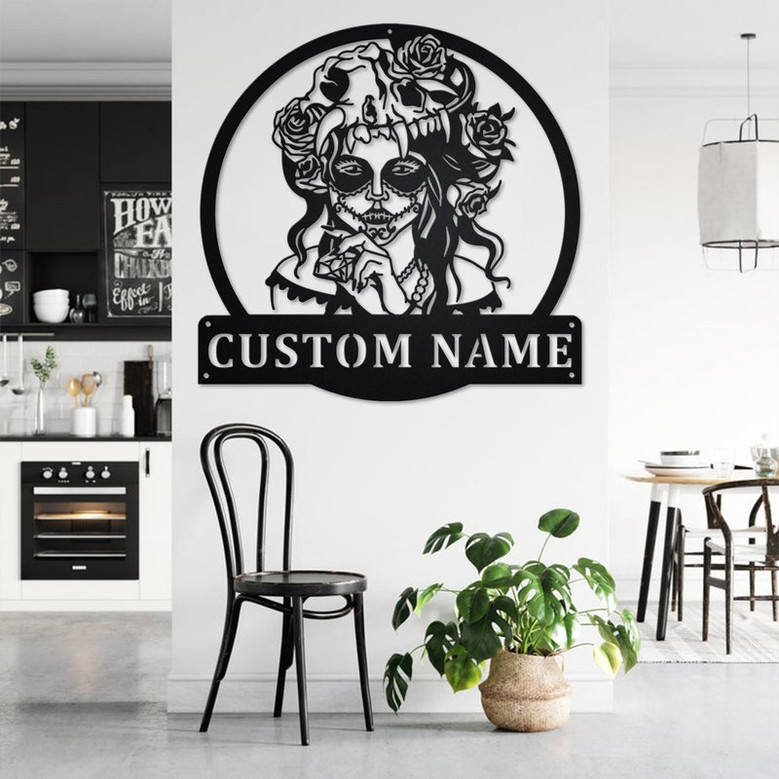 Custom Sugar Skull With Diamond Metal Wall Art, Personalized Sugar Skull Name Sign Decoration For Room, Sugar Skull Metal Home Decor, Skull