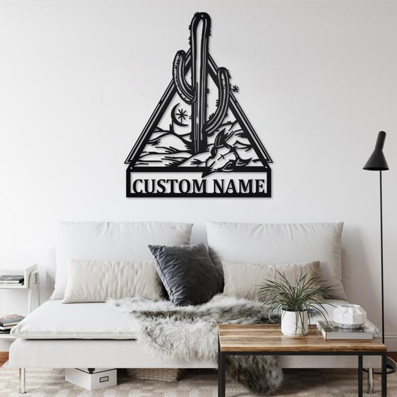 Custom Cactus With Cow Skull Metal Wall Art, Personalized Cactus Name Sign Decoration For Room, Cactus Home Decor , Custom Cactus