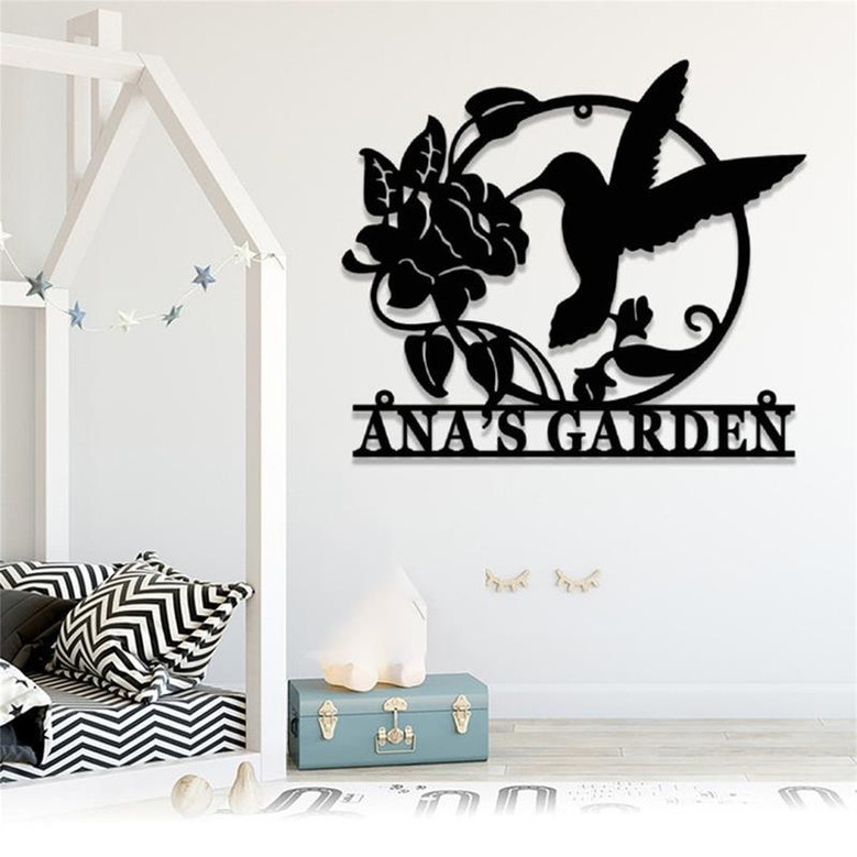 Custom Hummingbird Garden Metal Sign, Personalized Hummingbird Flower Name Metal Wall Art, Housewarming Gift
