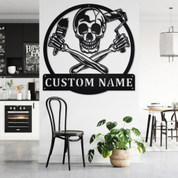 Custom Skull Painter Metal Wall Art, Personalized Painter Name Sign Decoration For Room, Painter Metal Home Decor, Custom Skull Painter