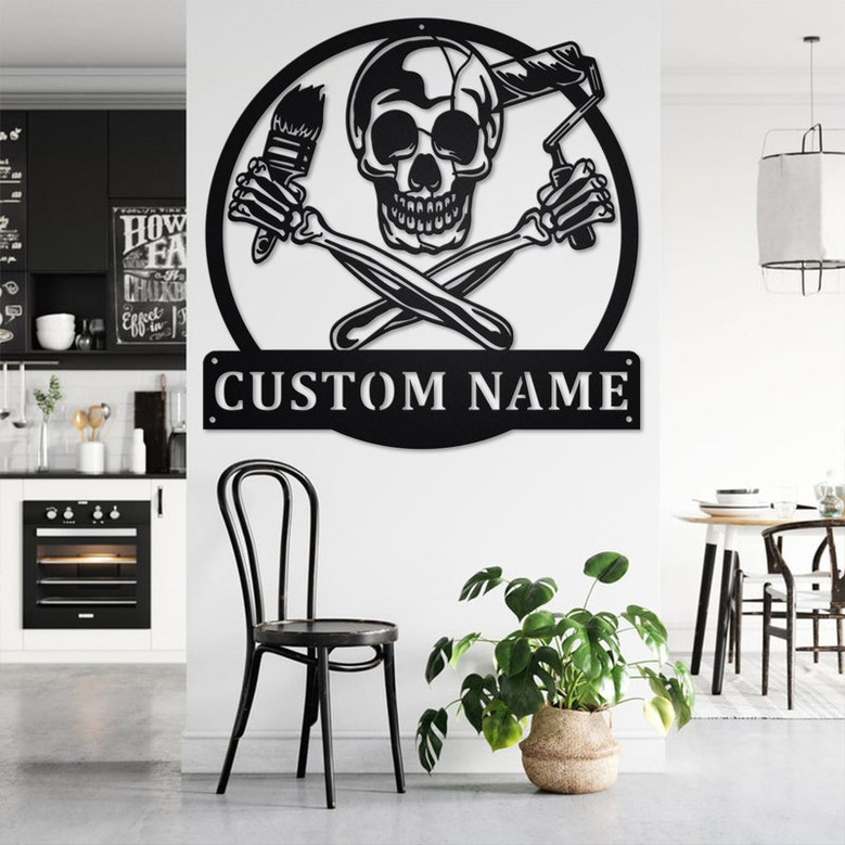 Custom Skull Painter Metal Wall Art, Personalized Painter Name Sign Decoration For Room, Painter Metal Home Decor, Custom Skull Painter