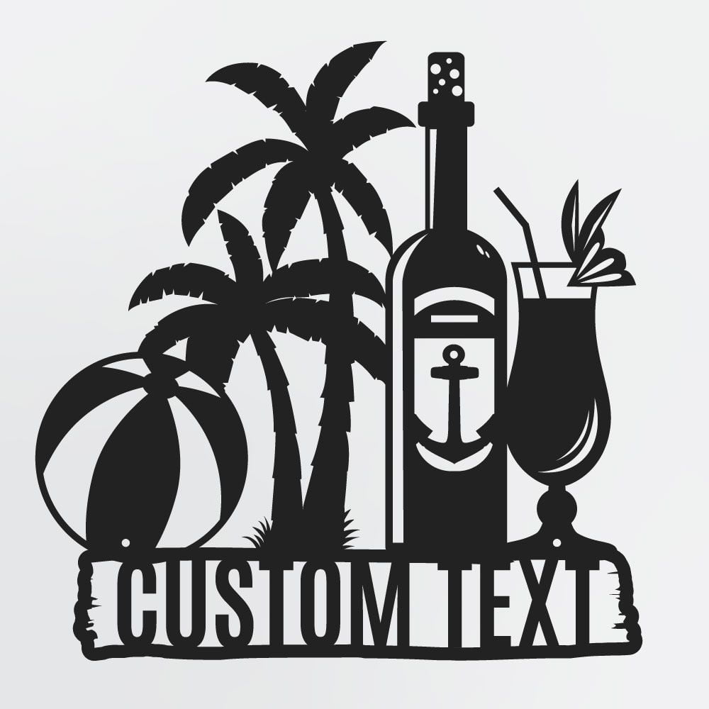 Beach Party Personalized Poolside Wall Art With Palm Trees, Beach Ball, Anchor Bottle & Cocktail