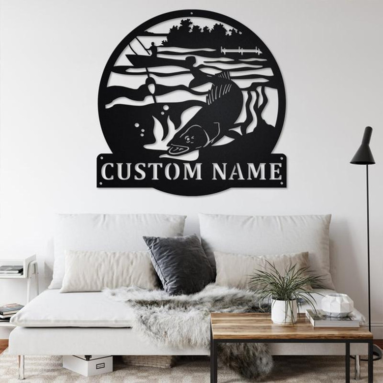 Custom Walleye Fishing Metal Wall Art, Personalized Walleye Fisher Name Sign Decoration For Room, Walleye Fishing Metal Home Decor, Walleye