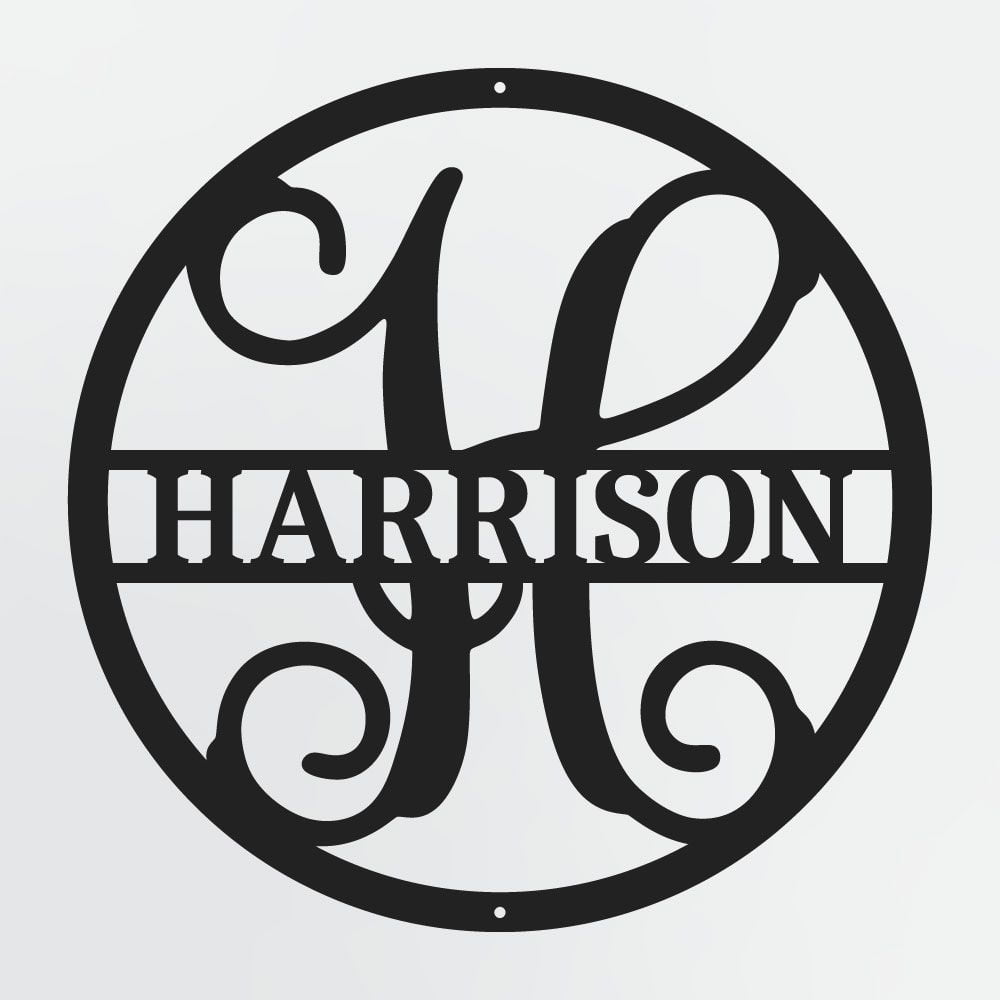 Curly Script Split Letter Monogram In Circle, Personalized Metal Family Name Sign