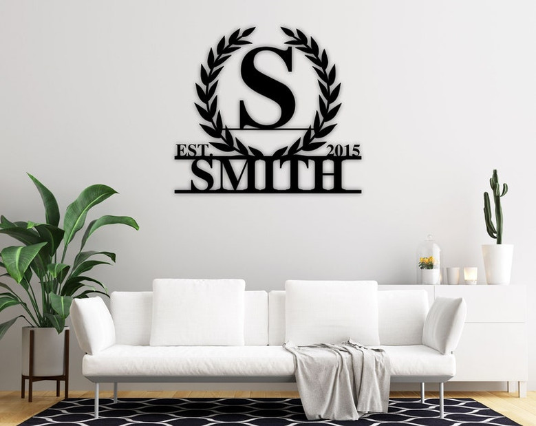 Leafy Border Last Name Monogram- Housewarming gift- Metal Monogram- Framed Family Initial- Letter Door Sign Hanger