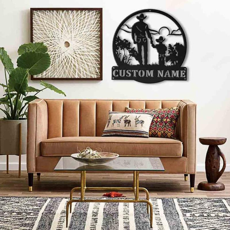Personalized Cowboy And Son Monogram Metal Sign Art , Custom Cowboy And Son Metal Sign, Cowboy Lover Sign Decoration For Living Room