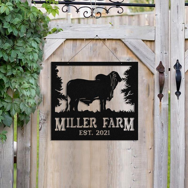 Personalized Metal Farm Sign Brahman Cattle Cow Monogram Custom Outdoor Farmhouse Ranch Front Gate Wall Decor Art Gift