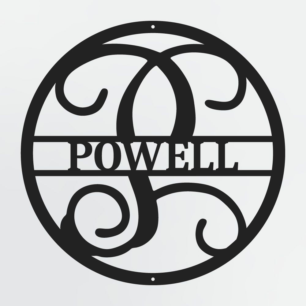 Curly Script Split Letter Monogram In Circle, Personalized Metal Family Name Sign